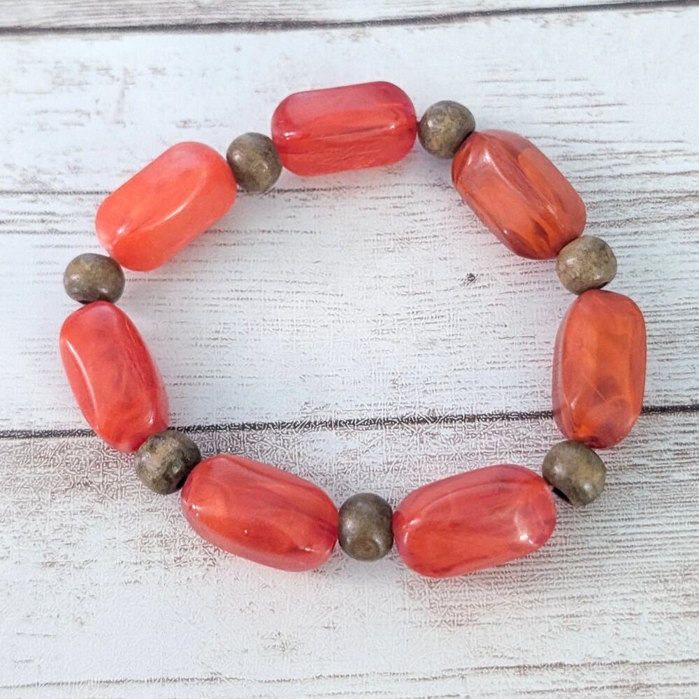 Vintage Stretch Bracelet - Deep Orange & Tan